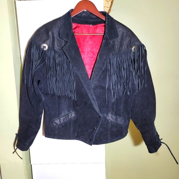 Vintage 80s fringe suede leather crop moto jacket black small medium - Picture 1 of 16